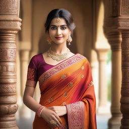 A beautiful Indian woman wearing a traditional saree with intricate designs