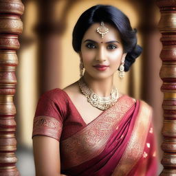 A beautiful Indian woman wearing a traditional saree with intricate designs