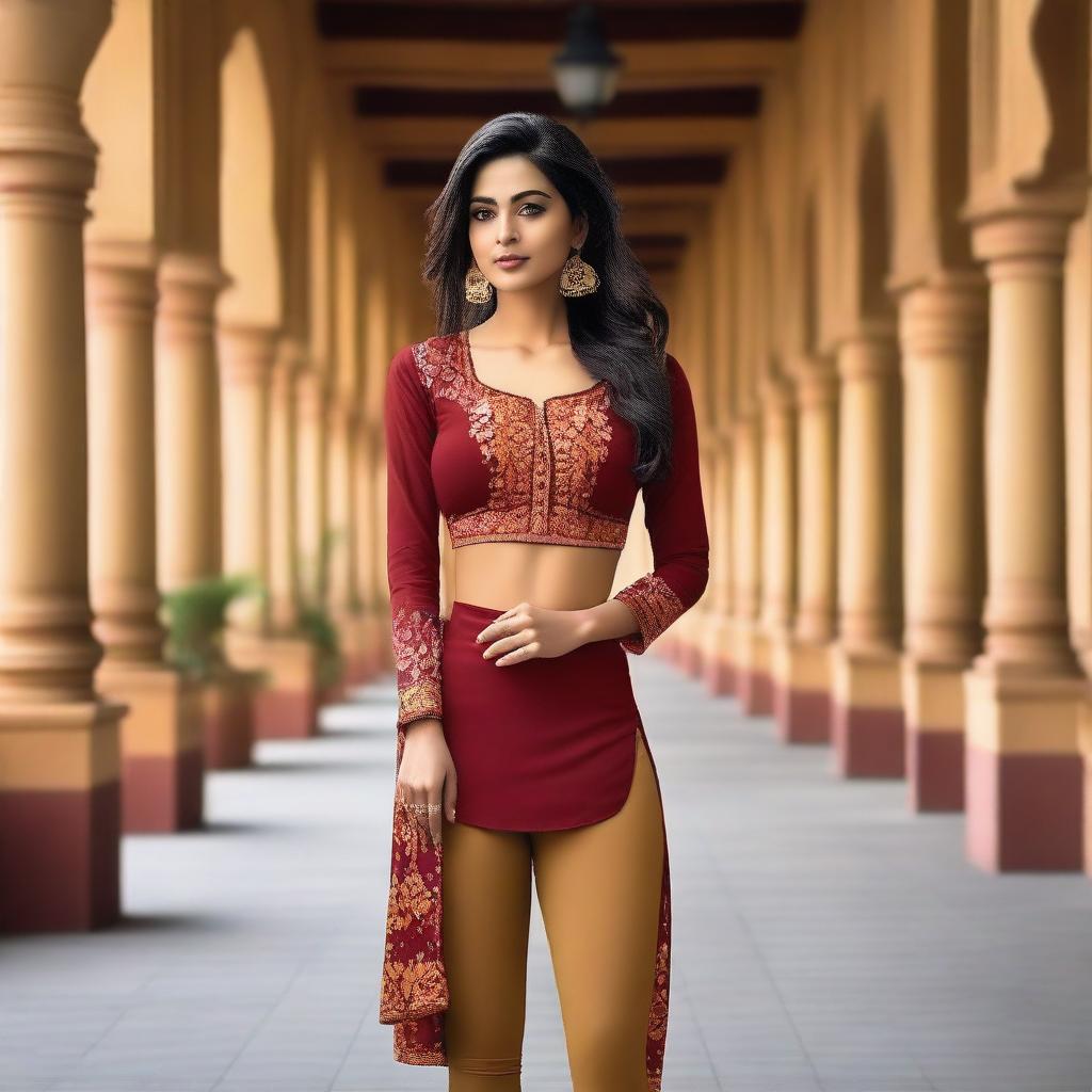 A stylish Indian woman wearing a deep neck blouse paired with low waist leggings