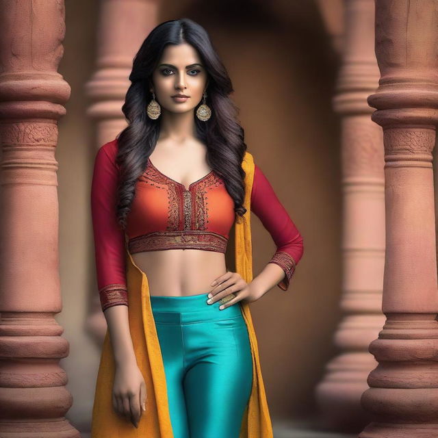 A stylish Indian woman wearing a deep neck blouse paired with low waist leggings