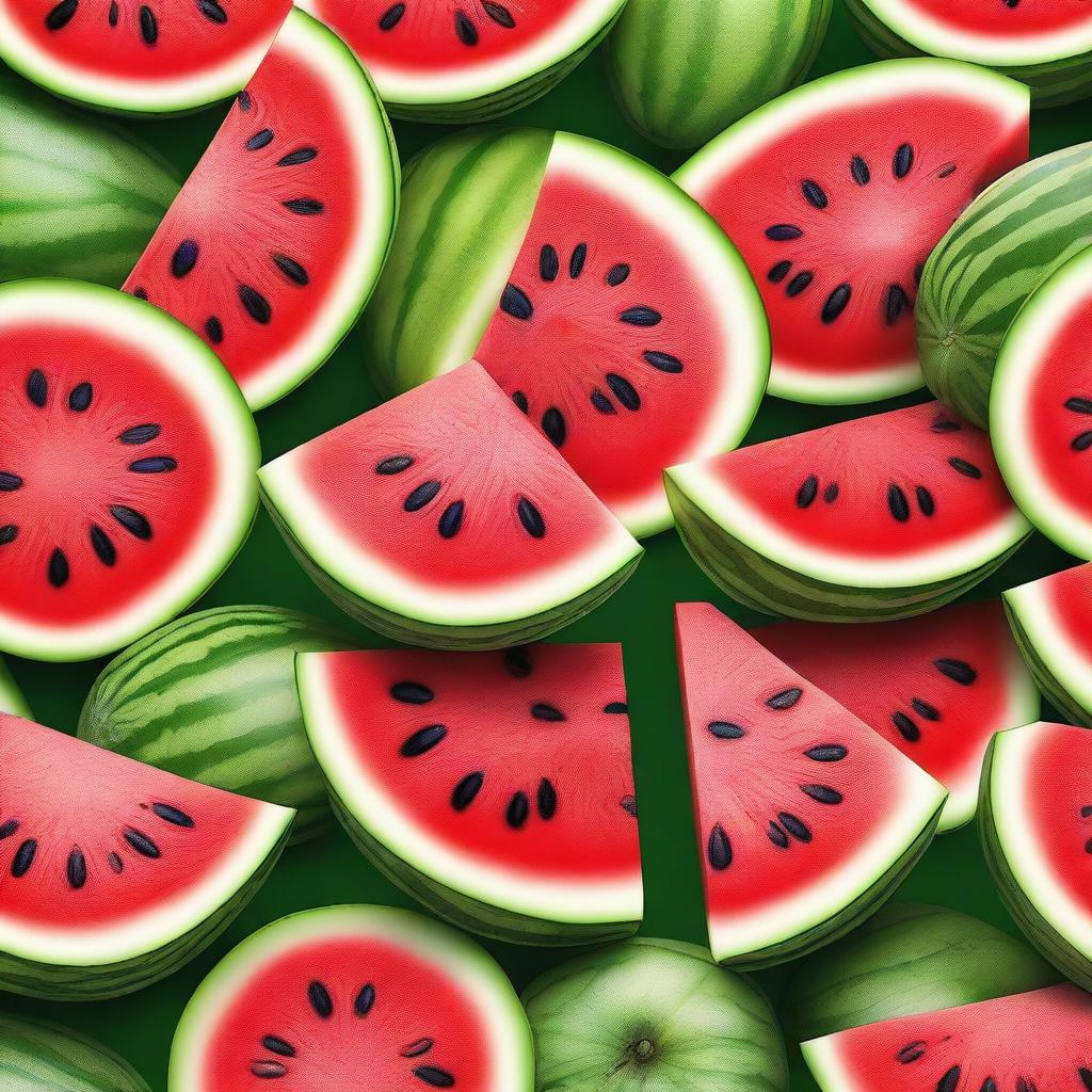 High-resolution real images of watermelon, melon, and cucumber arranged in a visually appealing, symmetrical layout