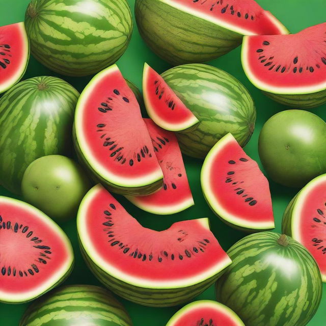 High-resolution real images of watermelon, melon, and cucumber arranged in a visually appealing, symmetrical layout