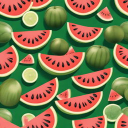 High-resolution real images of watermelon, melon, and cucumber arranged in a visually appealing, symmetrical layout