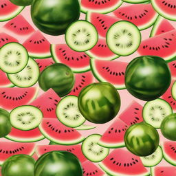 High-resolution real images of watermelon, melon, and cucumber arranged in a visually appealing, symmetrical layout