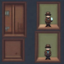 Create a 16-bit pixel art sprite in a top-down view of a paranormal investigator