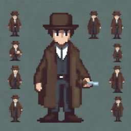 Create a 16-bit pixel art sprite in a top-down view of a paranormal investigator