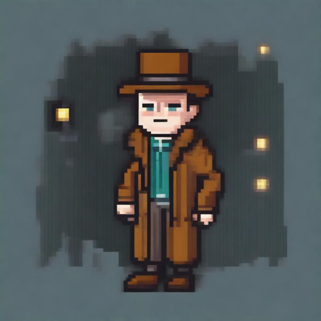 Create a 16-bit pixel art sprite in a top-down view of a paranormal investigator