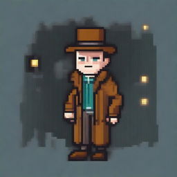 Create a 16-bit pixel art sprite in a top-down view of a paranormal investigator