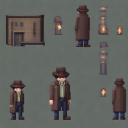 Create a 16-bit pixel art sprite in a top-down view of a paranormal investigator