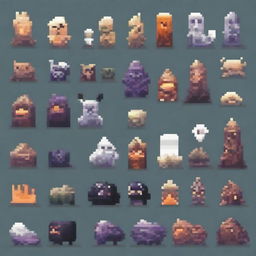 Create a 16-bit pixel art sprite in a top-down view of various monsters and spirits