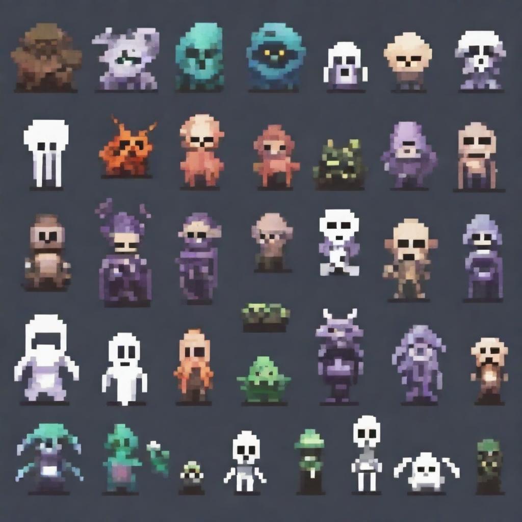 Create a 16-bit pixel art sprite in a top-down view of various monsters and spirits