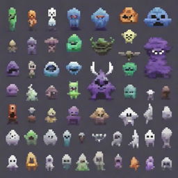 Create a 16-bit pixel art sprite in a top-down view of various monsters and spirits