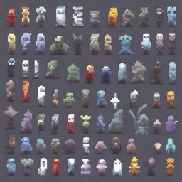 Create a 16-bit pixel art sprite in a top-down view of various monsters and spirits