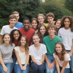 A diverse group of 14 teenage friends, with 6 boys and 8 girls, aged 17-18, enjoying their time together in a casual setting.