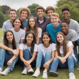 A diverse group of 14 teenage friends, with 6 boys and 8 girls, aged 17-18, enjoying their time together in a casual setting.