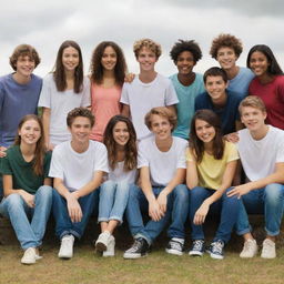 A diverse group of 14 teenage friends, with 6 boys and 8 girls, aged 17-18, enjoying their time together in a casual setting.