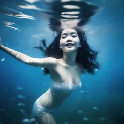 A Vietnamese girl with a full body view under the sea, featuring white skin and droplets of water on her body