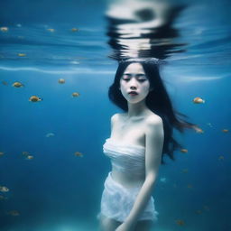 A Vietnamese girl with a full body view under the sea, featuring white skin and droplets of water on her body