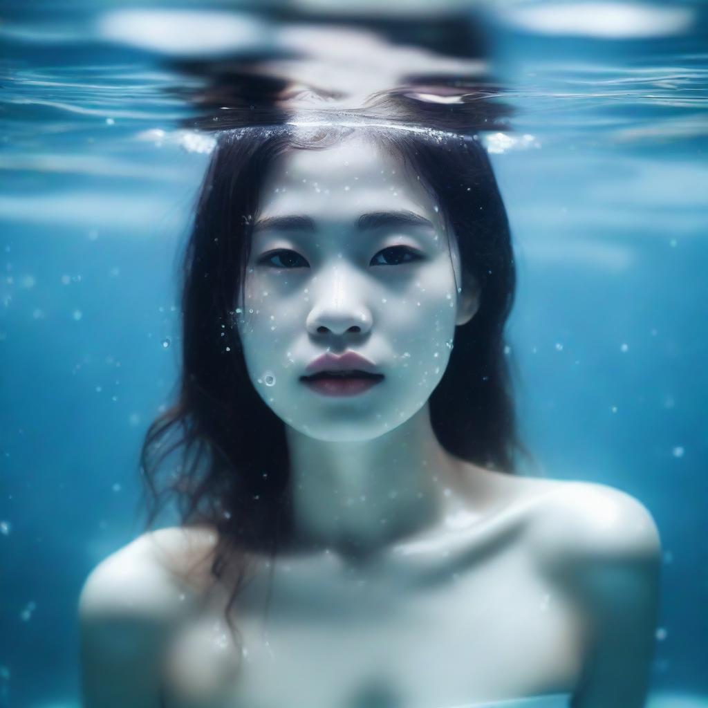 A Vietnamese girl with a full body view under the sea, featuring white skin and droplets of water on her body