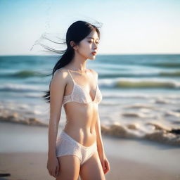 A Vietnamese girl with a full body view at the sea, featuring white skin and droplets of water on her body