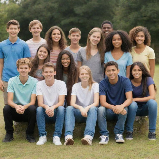 A diverse group of 14 teenage friends, with 6 boys and 8 girls, aged 17-18, enjoying their time together in a casual setting.