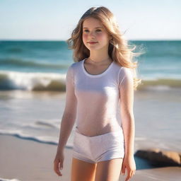 An American girl with a full body view at the sea, featuring white skin and droplets of water on her body