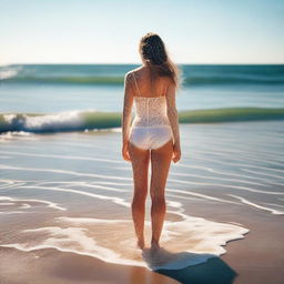 An American girl with a full body view at the sea, featuring white skin and droplets of water on her body