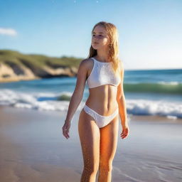 An American girl with a full body view at the sea, featuring white skin and droplets of water on her body