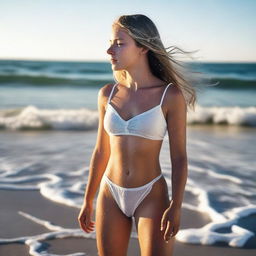 An American girl with a full body view at the sea, featuring white skin and droplets of water on her body