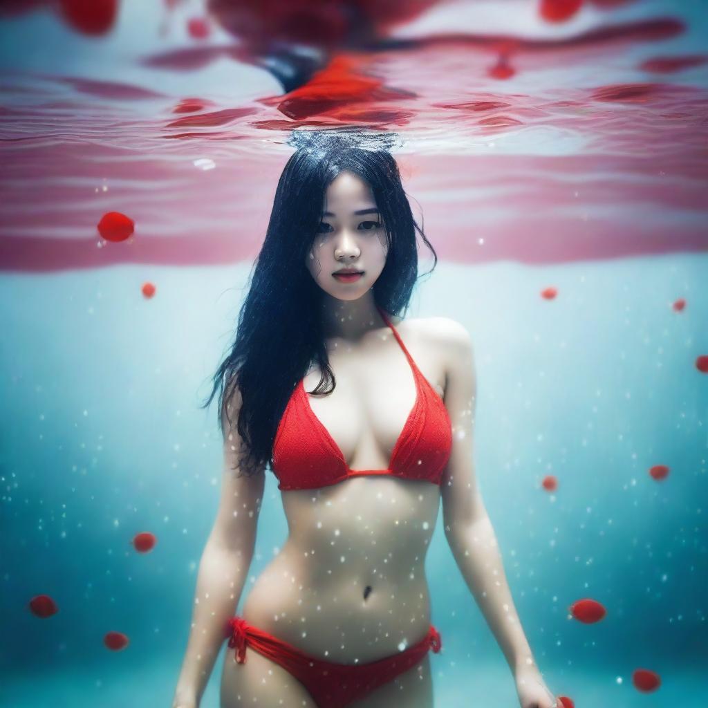 A Vietnamese girl in a small red bikini with a full body view under the sea, featuring white skin and droplets of water on her body