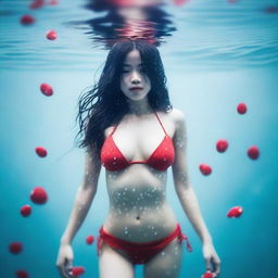 A Vietnamese girl in a small red bikini with a full body view under the sea, featuring white skin and droplets of water on her body