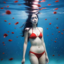 A Vietnamese girl in a small red bikini with a full body view under the sea, featuring white skin and droplets of water on her body