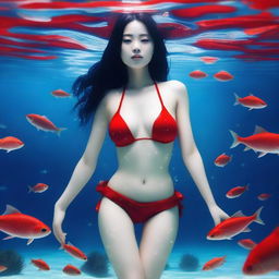 A Chinese girl in a red bikini with a full body view under the sea, featuring white skin and droplets of water on her body