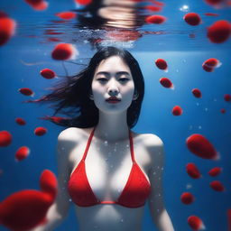 A Chinese girl in a red bikini with a full body view under the sea, featuring white skin and droplets of water on her body