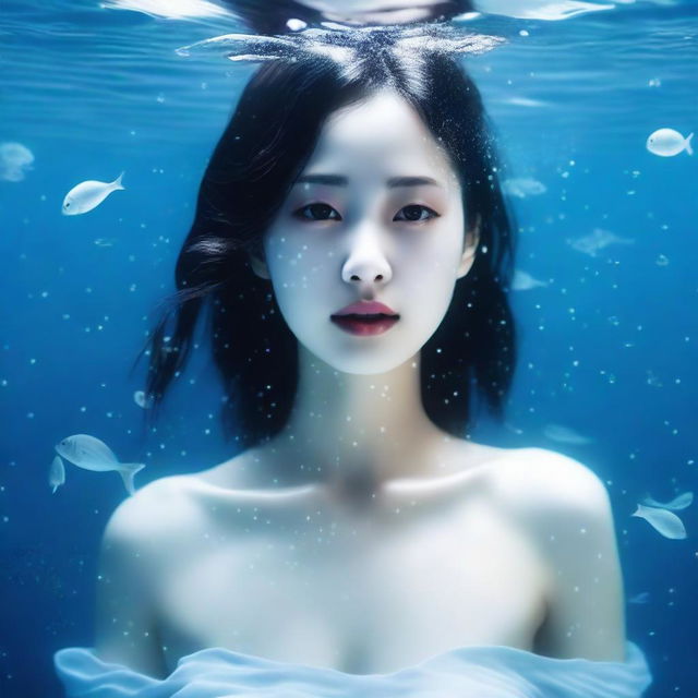 A Chinese girl under the sea with a full body view, featuring white skin and droplets of water on her body