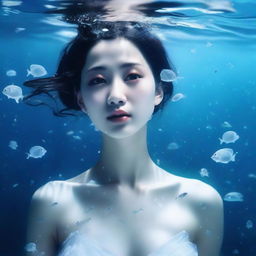 A Chinese girl under the sea with a full body view, featuring white skin and droplets of water on her body