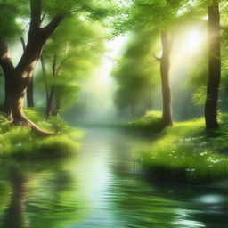 A serene forest with a clear river flowing through it