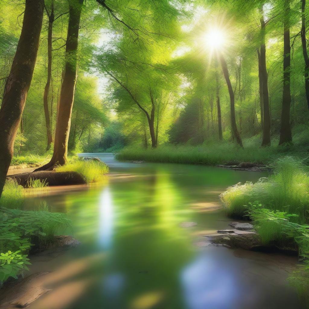 A serene forest with a clear river flowing through it