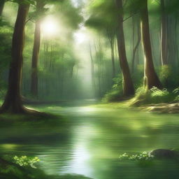 A serene forest with a clear river flowing through it