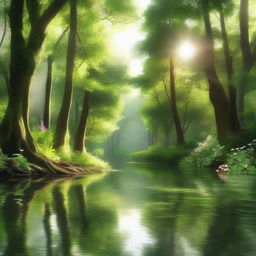 A serene forest with a clear river flowing through it