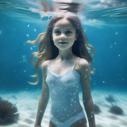 An American girl under the sea with a full body view, featuring white skin and droplets of water on her body