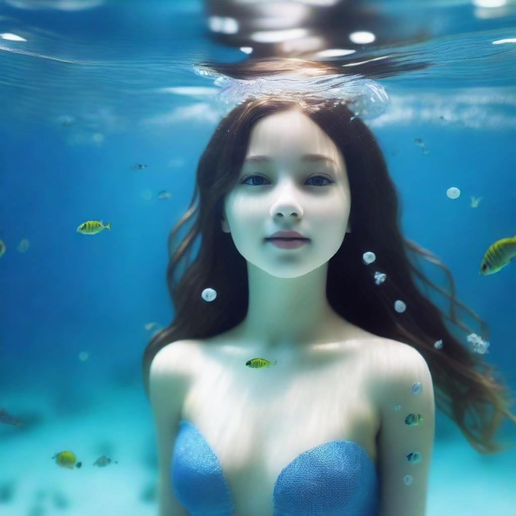 An American girl under the sea with a full body view, featuring white skin and droplets of water on her body