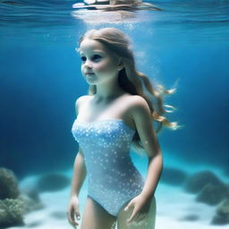 An American girl under the sea with a full body view, featuring white skin and droplets of water on her body