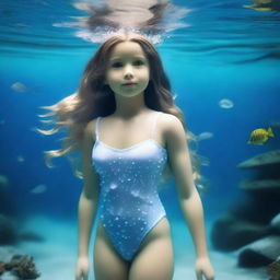 An American girl under the sea with a full body view, featuring white skin and droplets of water on her body