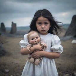 A frightened young girl clutching a doll, standing in sharp contrast against a tumultuous battlefield backdrop