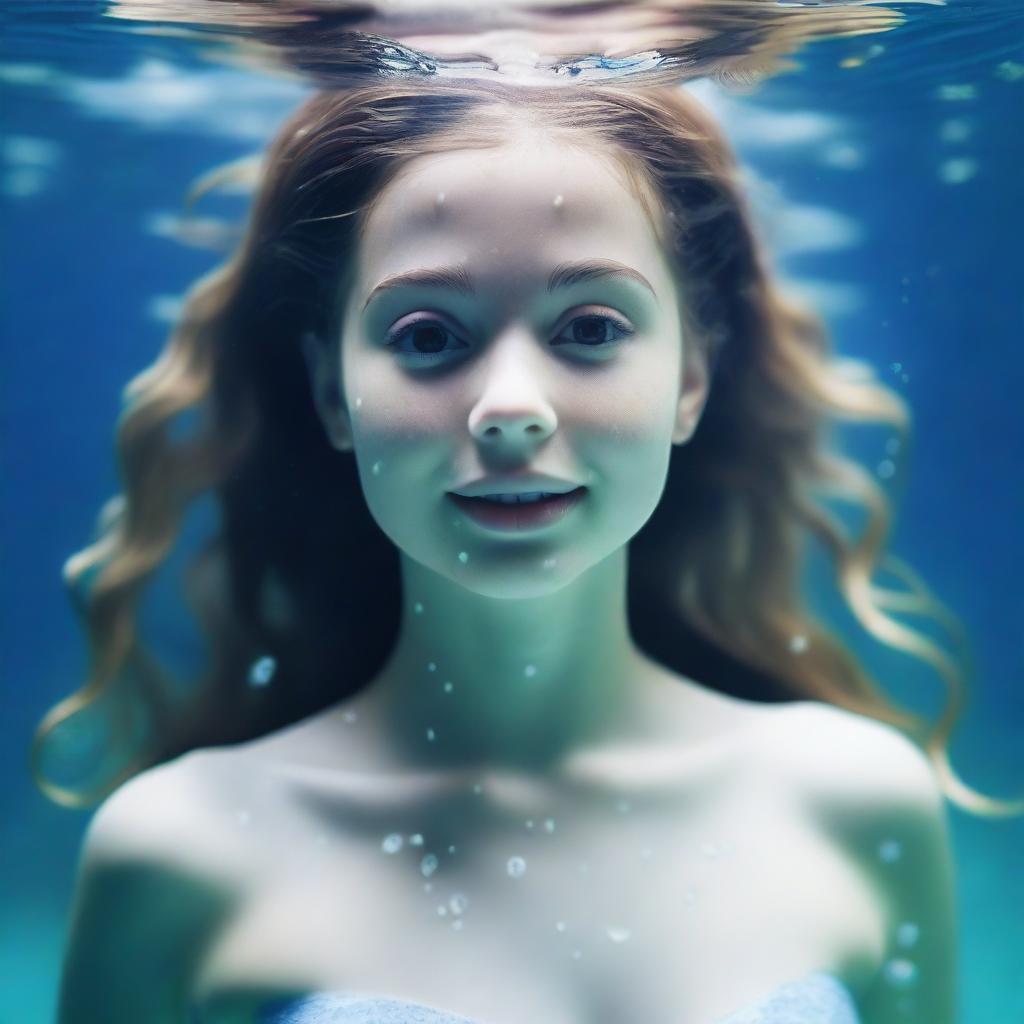 A 25-year-old American girl under the sea with a full body view, featuring white skin and droplets of water on her body