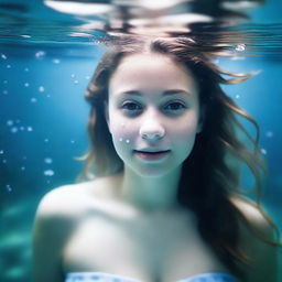 A 25-year-old American girl under the sea with a full body view, featuring white skin and droplets of water on her body