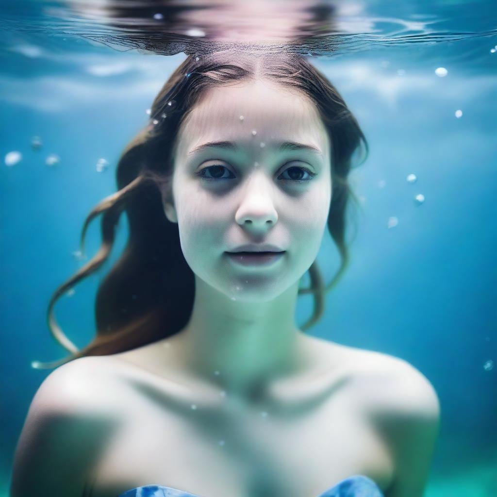 A 25-year-old American girl under the sea with a full body view, featuring white skin and droplets of water on her body