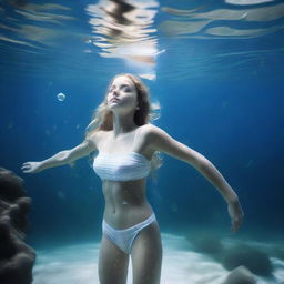 A 25-year-old American girl under the sea with a full body view, featuring white skin and droplets of water on her body