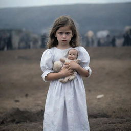 A frightened young girl clutching a doll, standing in sharp contrast against a tumultuous battlefield backdrop